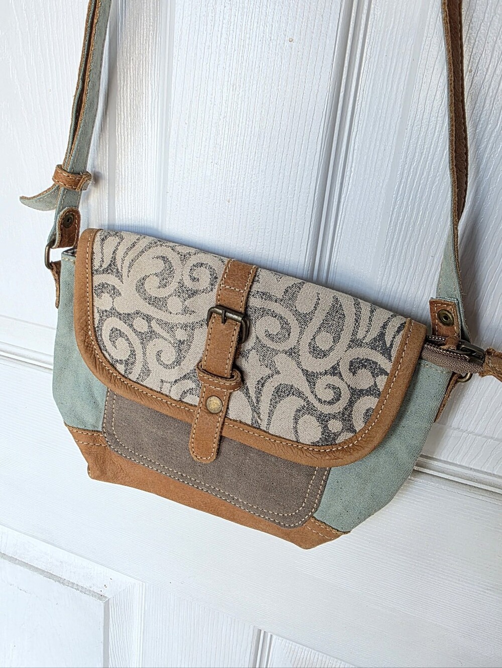 Myra Bag Blue Canvas Leather Boho Crossbody Purse NWOT